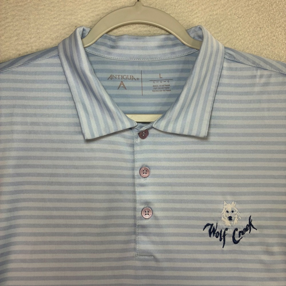Antigua Wolf Creek Golf Polo Shirt Men L Blue Stripe Stretch Short Sleeve Preppy
